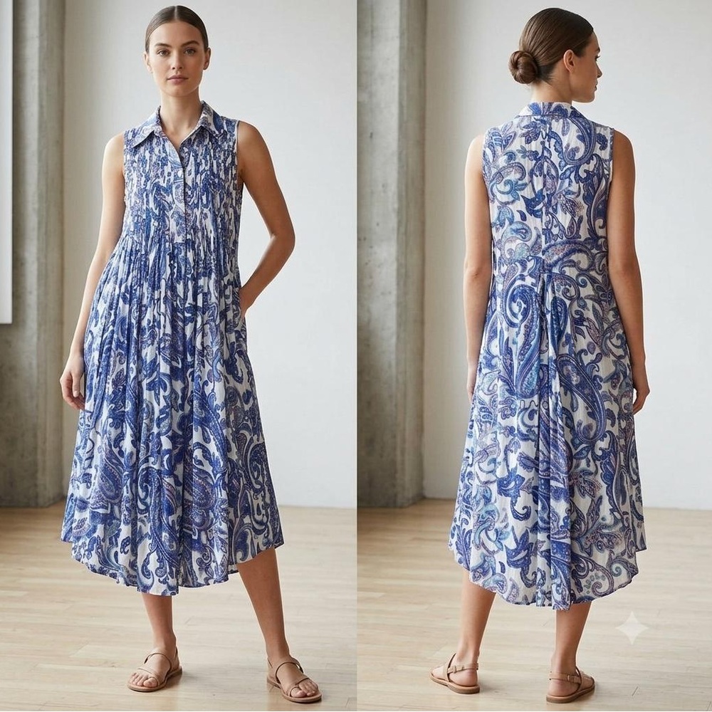 Miss June Paris white blue paisley pleated dress, size EU 2/ US M